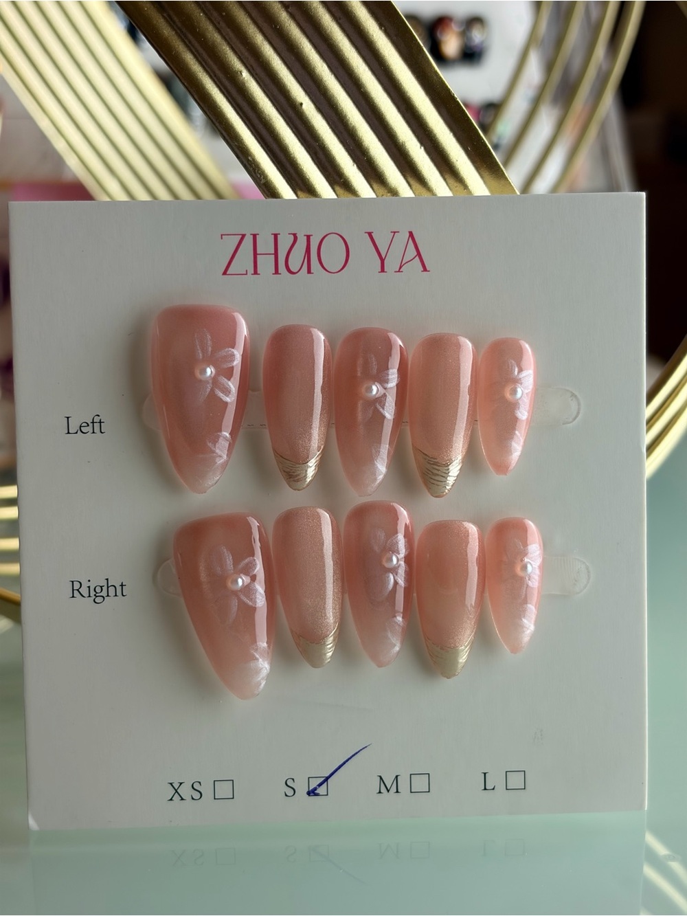 ZHUO YA Pink Pearl Floral French Tip Press-On Nails small